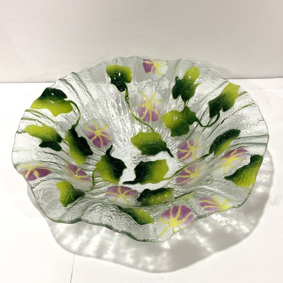 Kali Studio Art Glass Fused Pink & Green Floral Fruit Bowl Ruffle Edge Dish Bowl - Picture 1 of 7